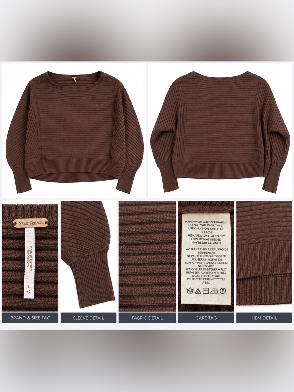 Free People Women’s Large Brown Ribbed Knit Sweater Dolman Balloon Sleeve Boho